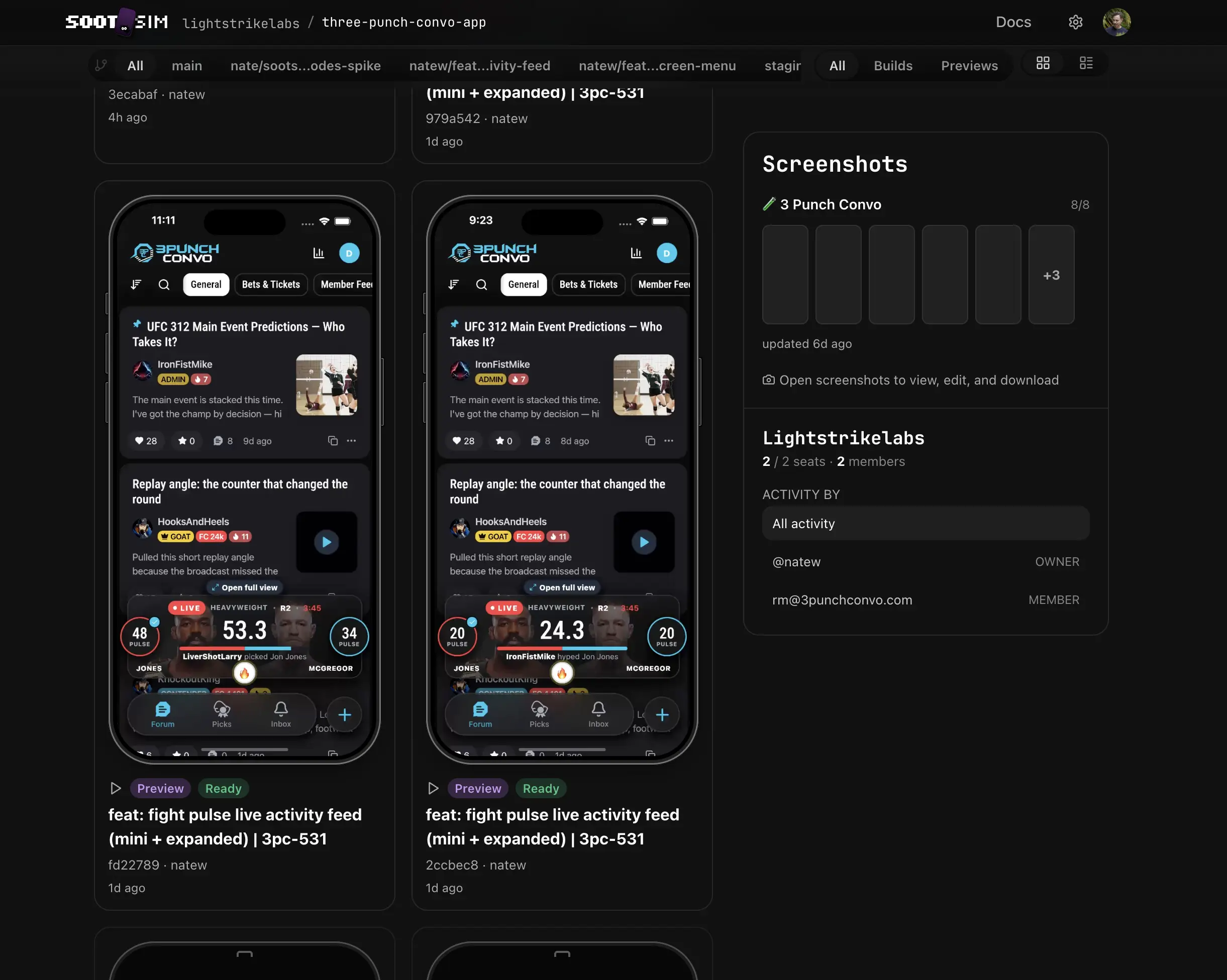 SootSim org dashboard with branch builds and PR previews