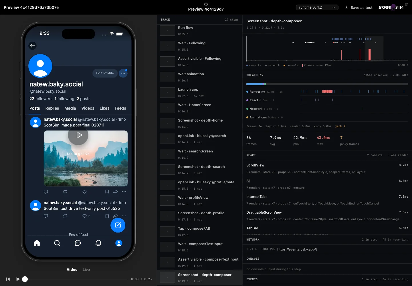 SootSim test preview with a Bluesky run and trace profile report